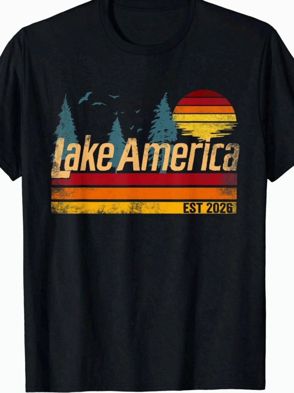 Lake America Est.2026 Vintage Sunset Pine Trees Black Cotton T-Shirt